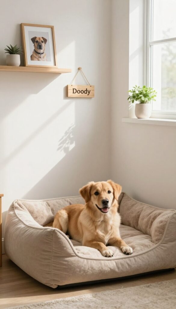 Cozy dog bedroom corner with a personalized wooden name sign and framed photo on a shelf, soft natural lighting.