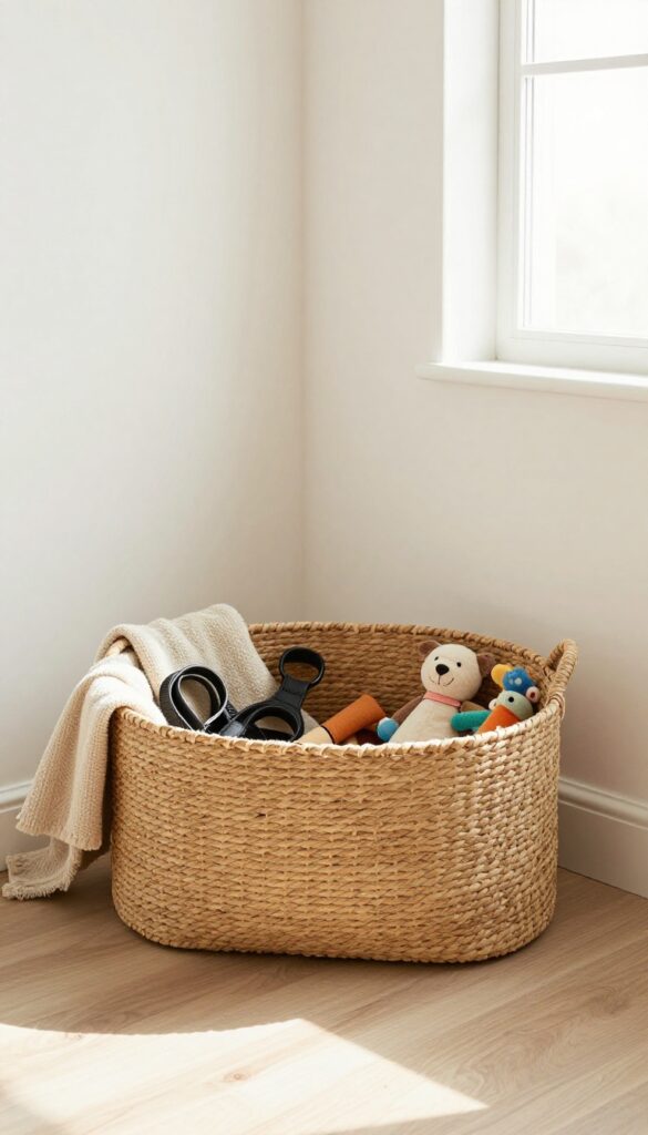 Dog crate with woven basket on top storing leashes and toys in bright living room