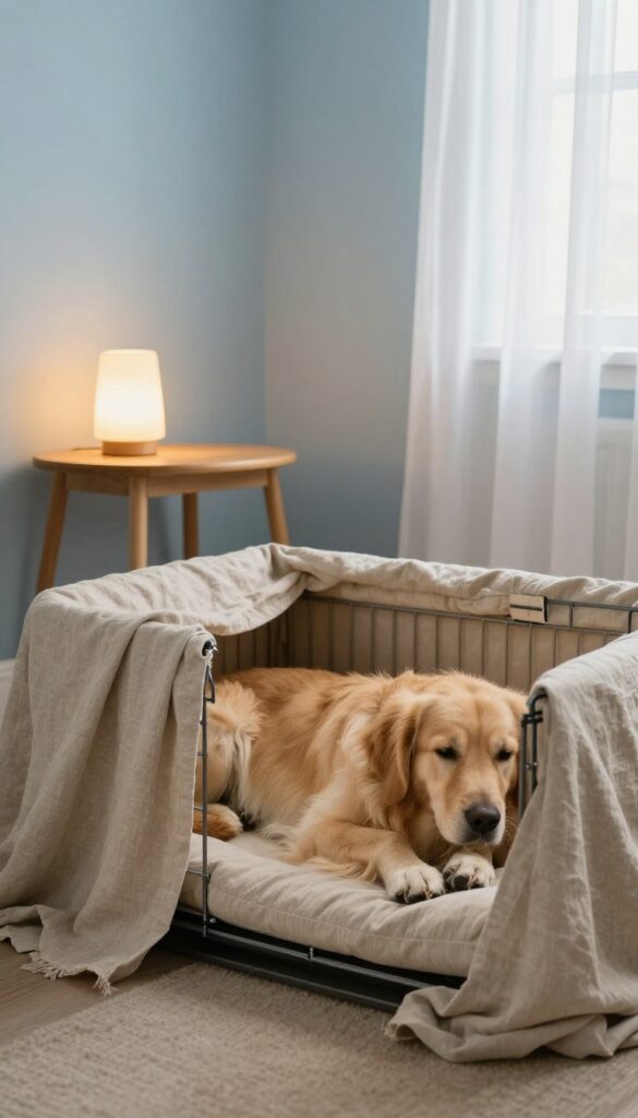 Dog crate with calming beige cover and soft warm lamp in a serene blue bedroom, creating a relaxing den-like atmosphere for a golden retriever.