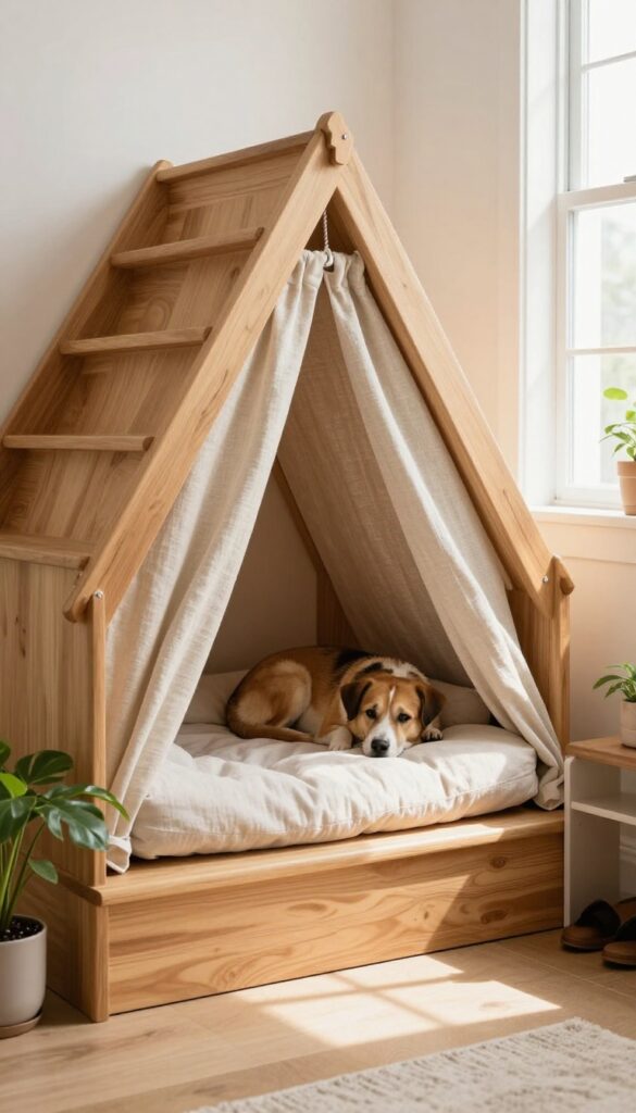 Cozy under-stair dog kennel nook with a small dog resting on a wedge-shaped bed behind a light curtain, in a bright modern home.