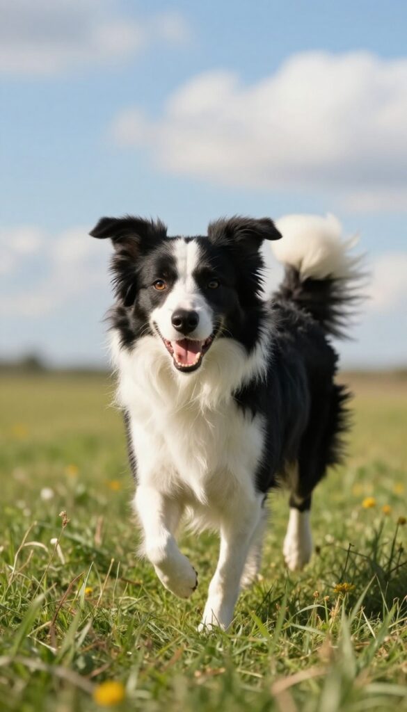Border Collie running joyfully in a sunny field, embodying the name Zephyr for a wind-loving adventurer dog.