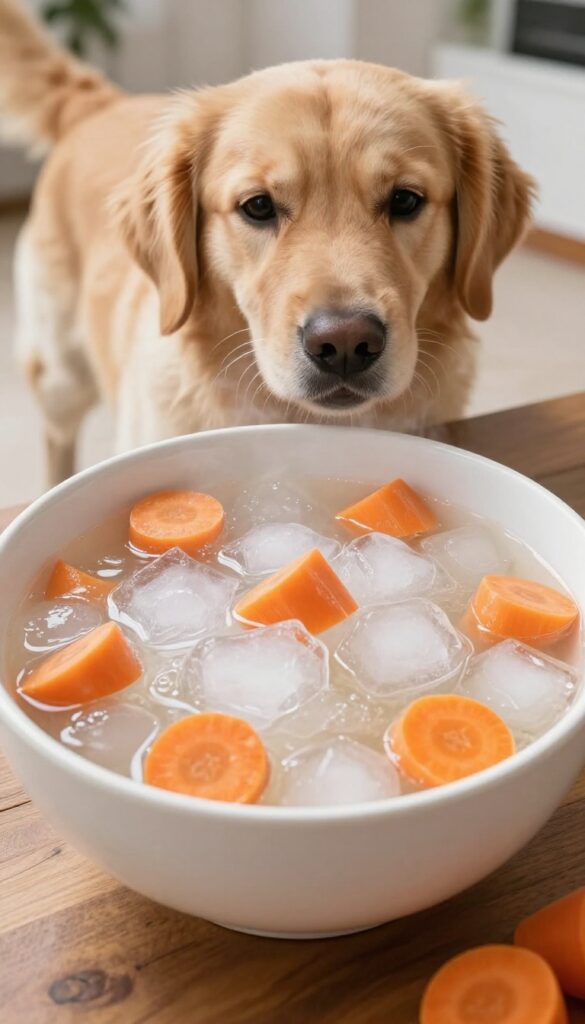 Frozen bone broth and carrot cubes in a white bowl on a wooden table, with a golden retriever sniffing it