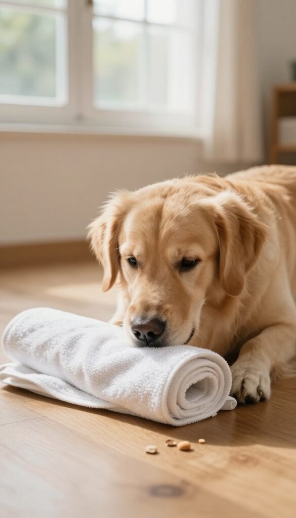 Golden Retriever sniffing treats hidden in an old towel on a wooden floor