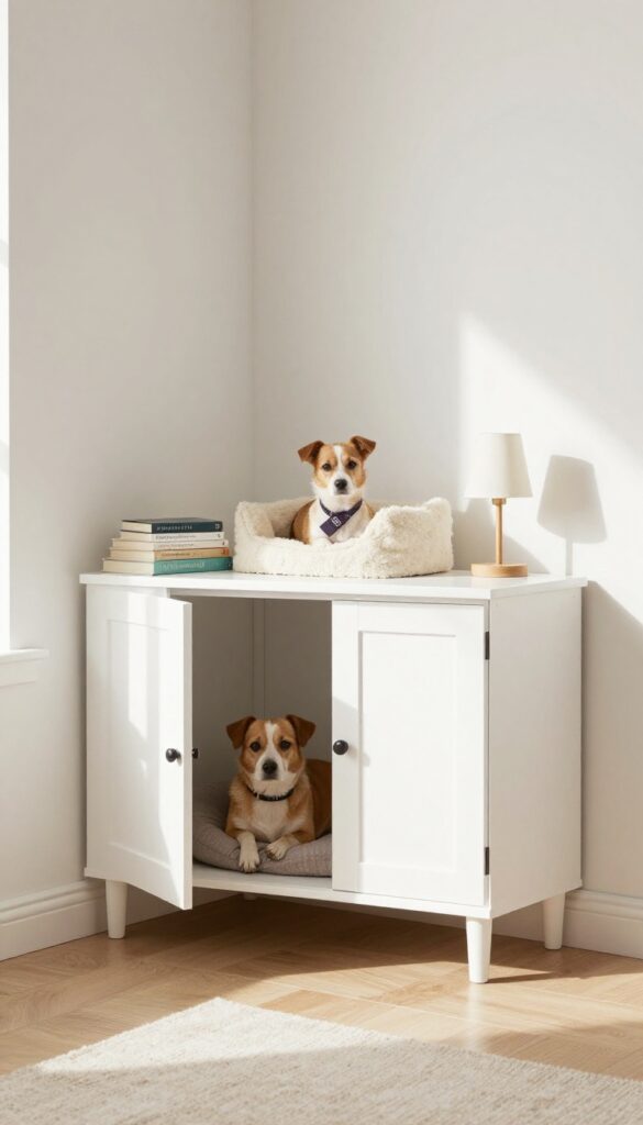 A white corner cabinet kennel in a living room with the door open, a dog resting inside on a bed, and decor on top.