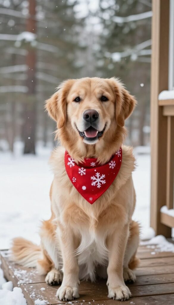 Golden retriever wearing a snowflake-patterned red bandana in a snowy outdoor setting