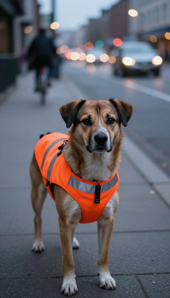 Dog wearing reflective vest for low light walks at dusk