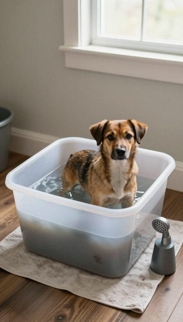 A plastic storage tub used as a portable dog bath in a mudroom
