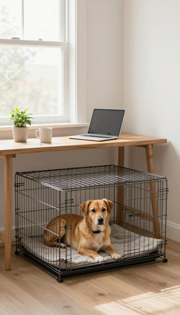 A dog crate used as a base for a desk, with a dog resting inside and a laptop on top
