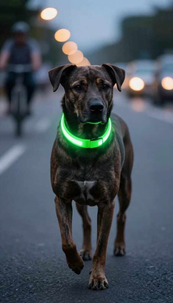 Dog wearing a glowing light-up collar during an evening walk