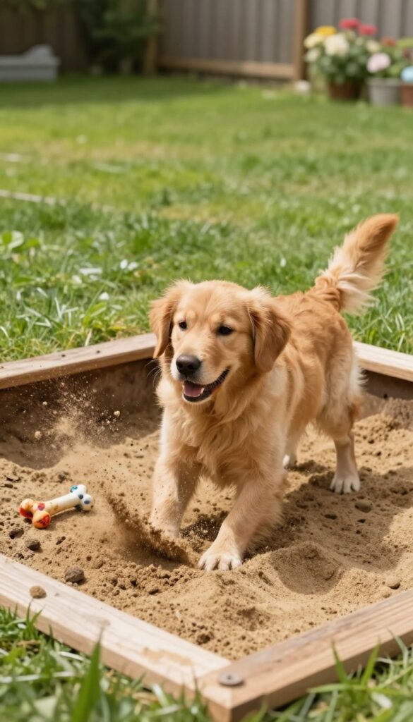 Golden retriever digging in a sand pit in a sunny backyard