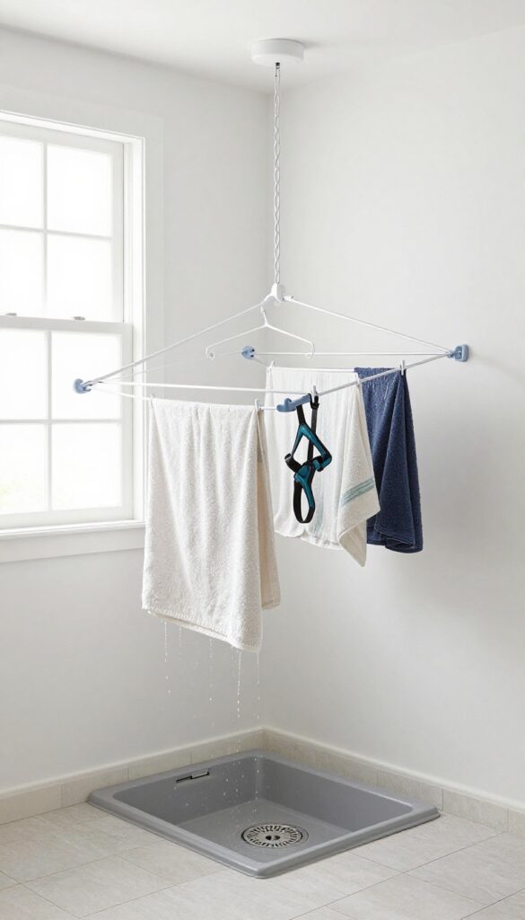 Retractable clothesline over dog bath with wet towels and harness drying