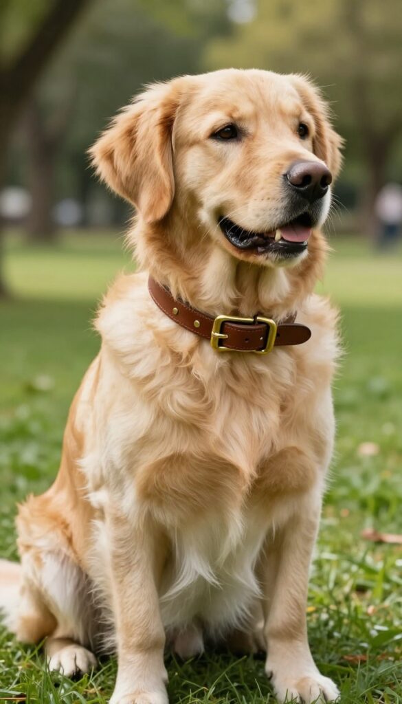 Golden retriever wearing a leather collar with brass hardware in a sunny park