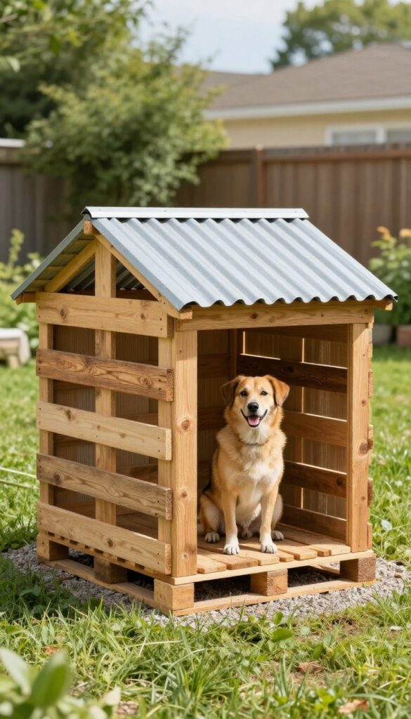 DIY pallet dog kennel with corrugated roof in sunny backyard