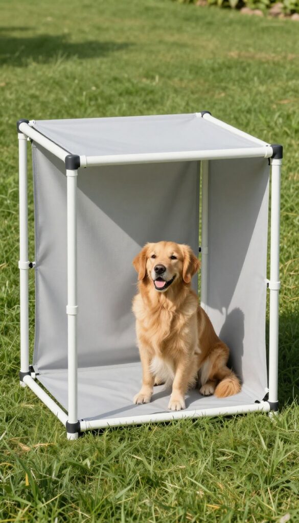 DIY outdoor dog kennel made from PVC pipes and shade cloth, with a golden retriever sitting inside enjoying the shade.