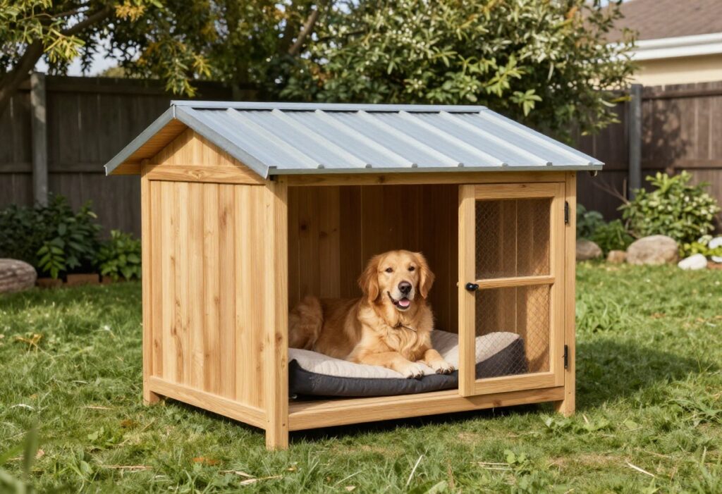 DIY outdoor dog kennel made of wood with a metal roof in a sunny backyard, a golden retriever sitting inside on a bed.