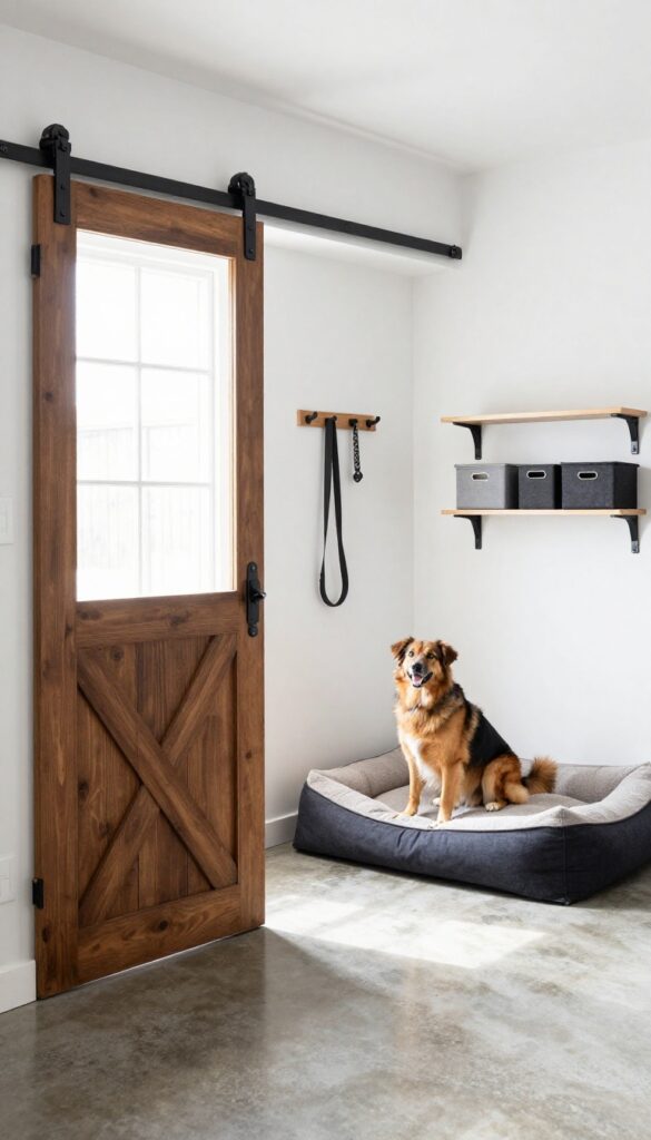 Sliding barn door kennel enclosure in a garage with a dog on a bed and organized storage hooks and bins.