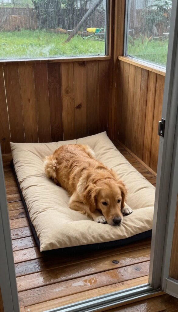 A golden retriever lying on a heated mat in a dry corner of an outdoor kennel during rain.