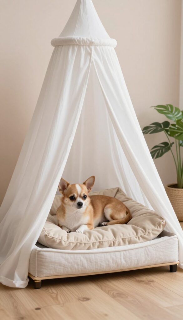 Cozy dog bed with a white canopy in a bright room, small Chihuahua sleeping inside