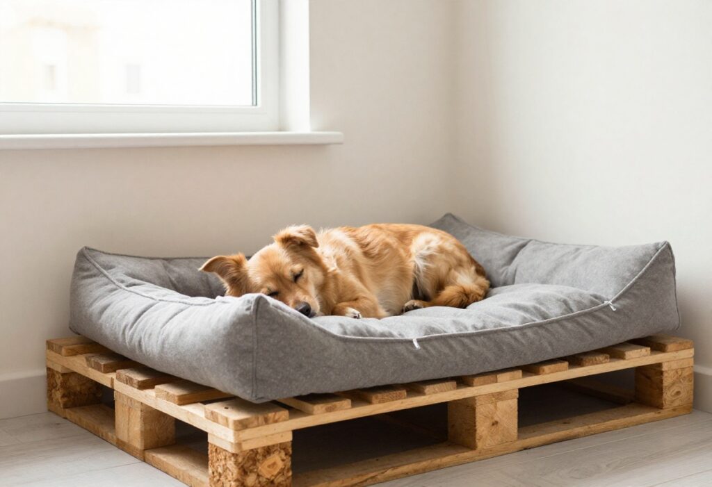 A small dog sleeping on a wooden pallet dog bed with a thick gray cushion in a cozy indoor corner.
