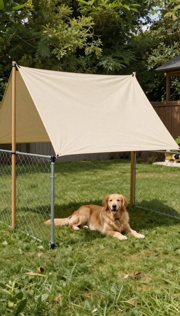 Shade sail canopy over a dog kennel with a golden retriever resting inside on a sunny day