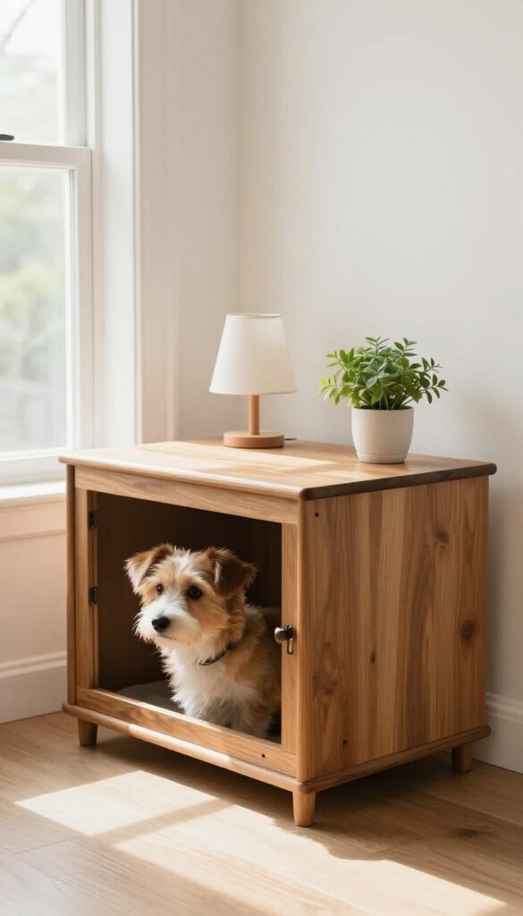 A small dog peeking out from a wooden side table kennel with a lamp and plant on top in a bright living room