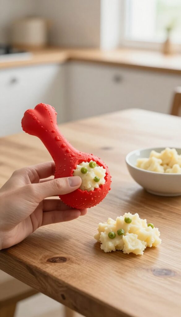 Dog Kong stuffed with mashed potatoes and green beans on a wooden table