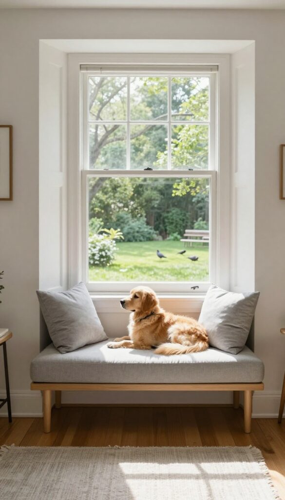 Cozy window nook with cushioned bench and dog lounging, looking outside