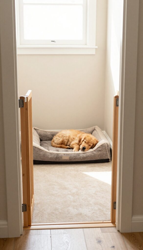A closet converted into a cozy dog kennel with a baby gate, washable mat, and sleeping golden retriever puppy.