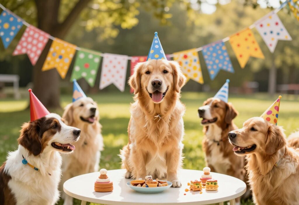 Golden retriever wearing a party hat at a dog-themed birthday party with colorful decorations and treats.