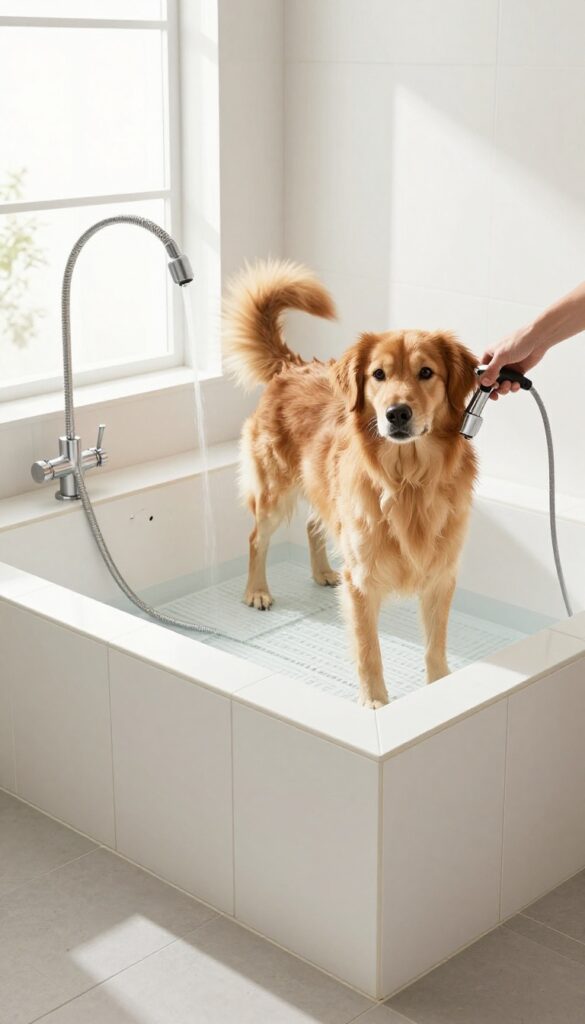 Raised tiled dog washing trough in a bright laundry room with a handheld sprayer and a dog being bathed.