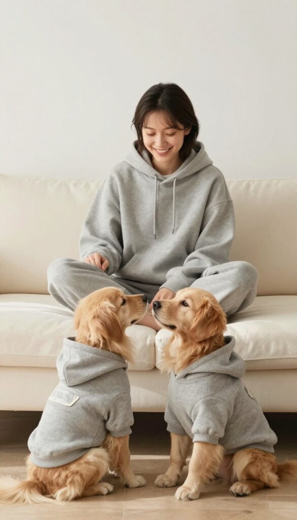 Woman and her dog wearing matching gray sweatshirts on a couch, cozy lifestyle photo.
