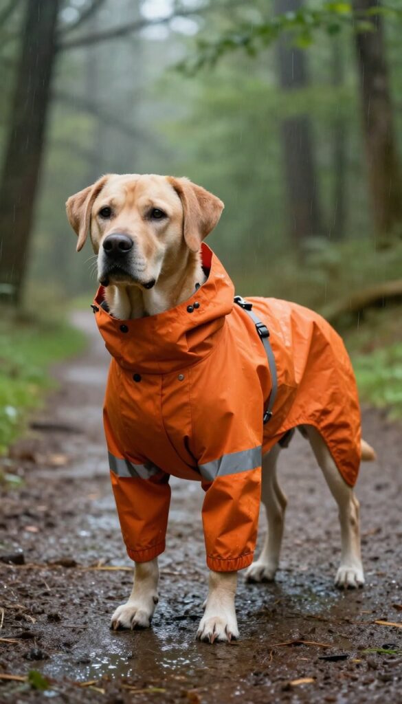 A dog wearing a waterproof coat with reflective stripes in a rainy forest setting