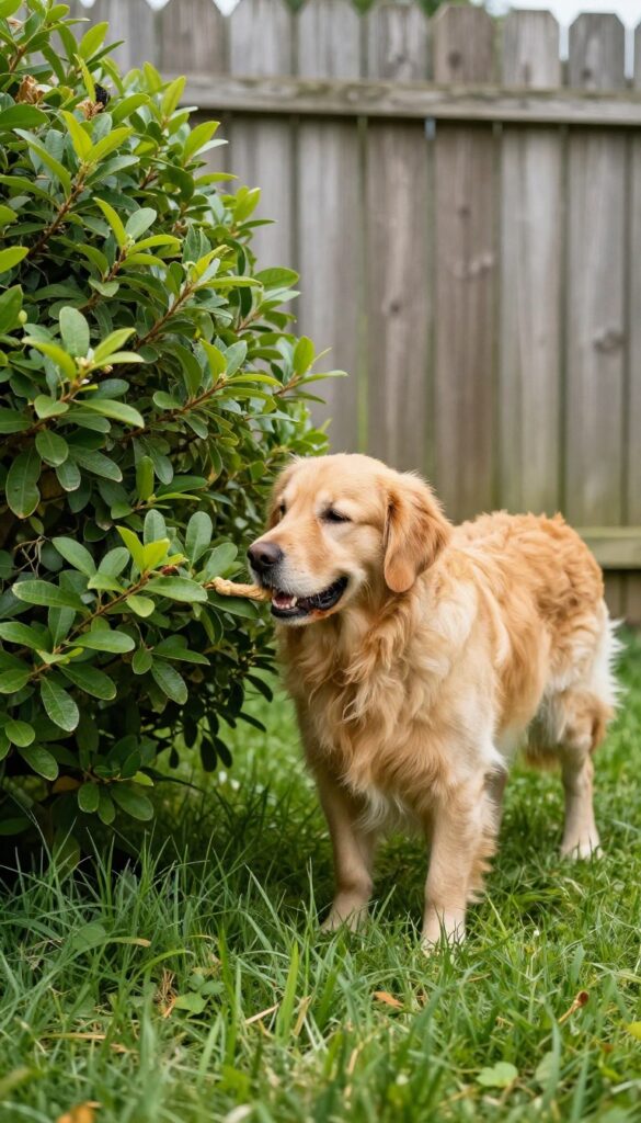 Golden retriever sniffing for a treat hidden near a bush in a sunny backyard