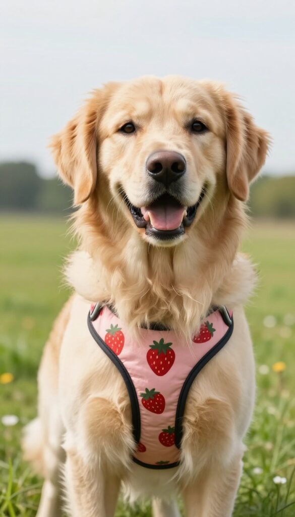 Golden retriever wearing a strawberry print padded harness in a sunny field