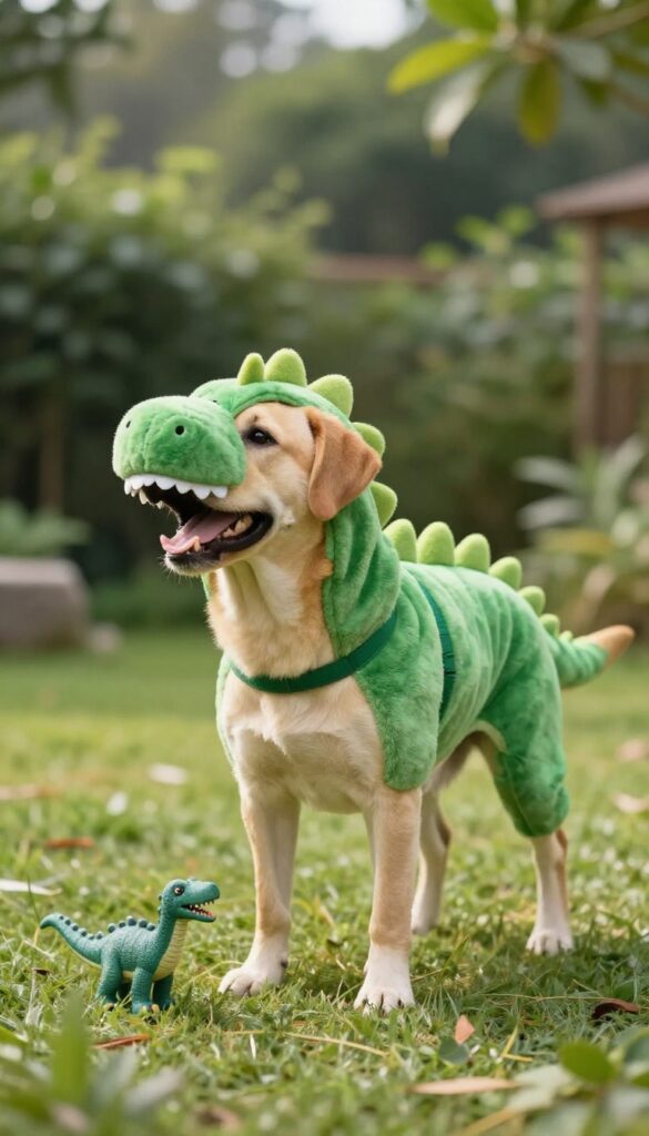 A dog wearing a dinosaur costume with green spikes and tail, standing on grass next to a toy dinosaur in natural light.