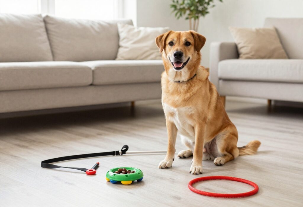 Dog training accessories including clicker, long leash, target stick, and puzzle toy arranged around a sitting dog