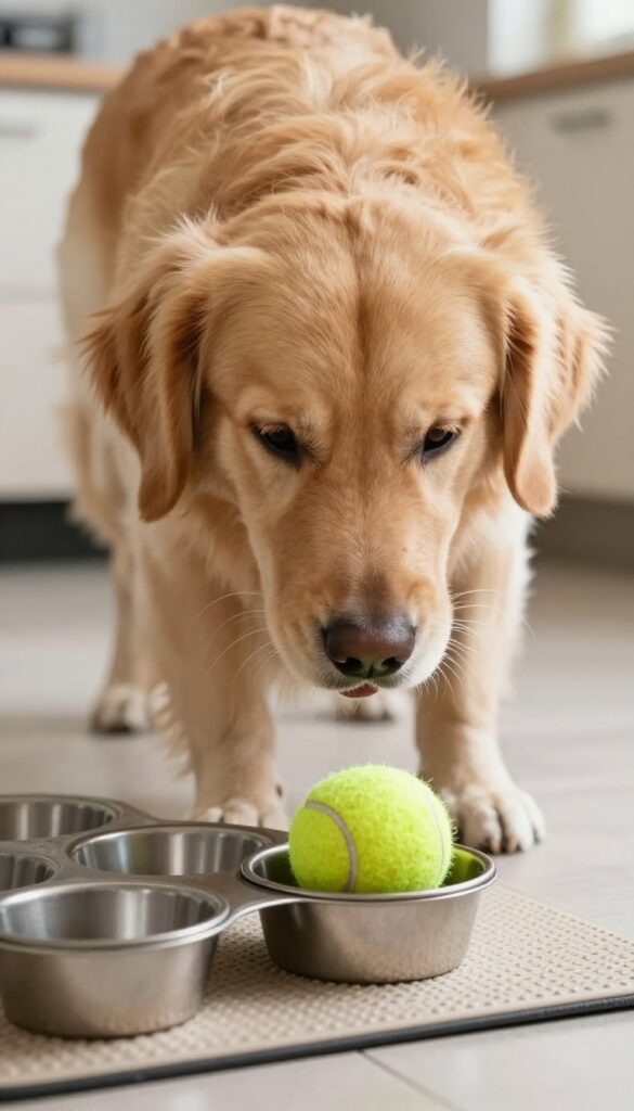 Dog solving muffin tin puzzle by nudging tennis ball to reveal treat