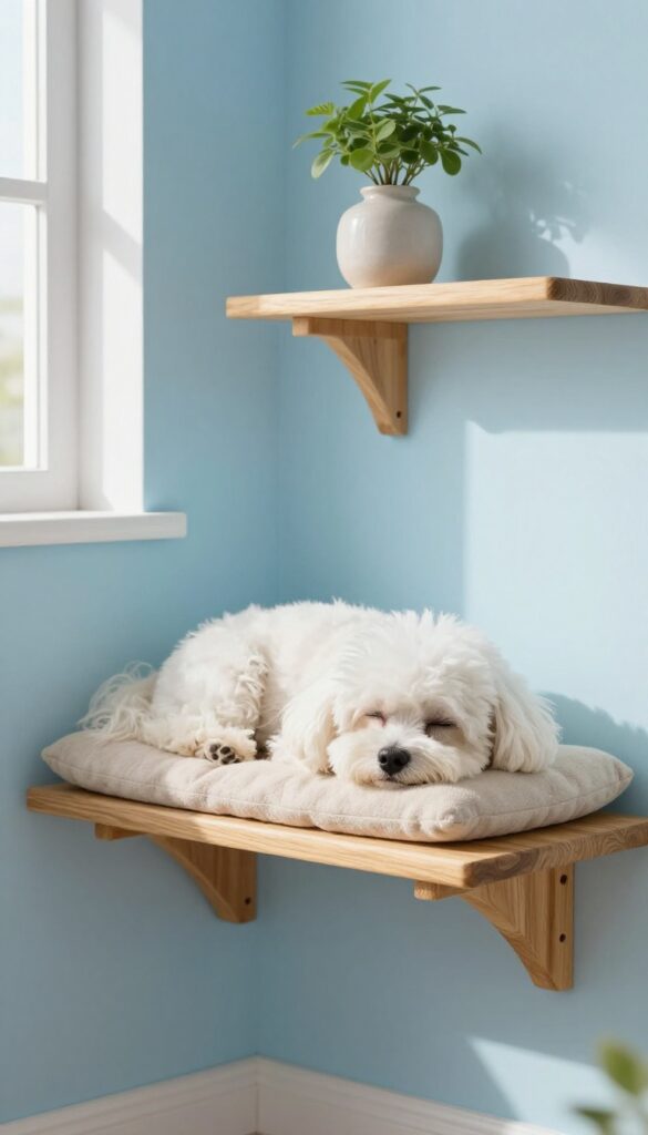 Small white dog sleeping on a wall-mounted wooden shelf with a cushion, bright natural light, cozy pet-friendly home decor.