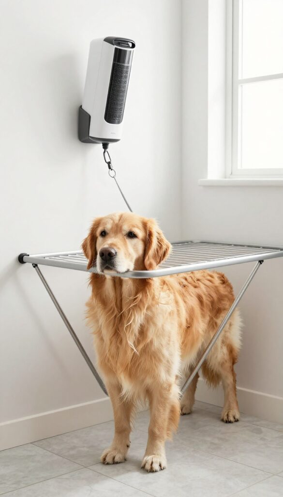 Dog standing on a wall-mounted fold-down drying table with a grooming loop in a bright laundry room.