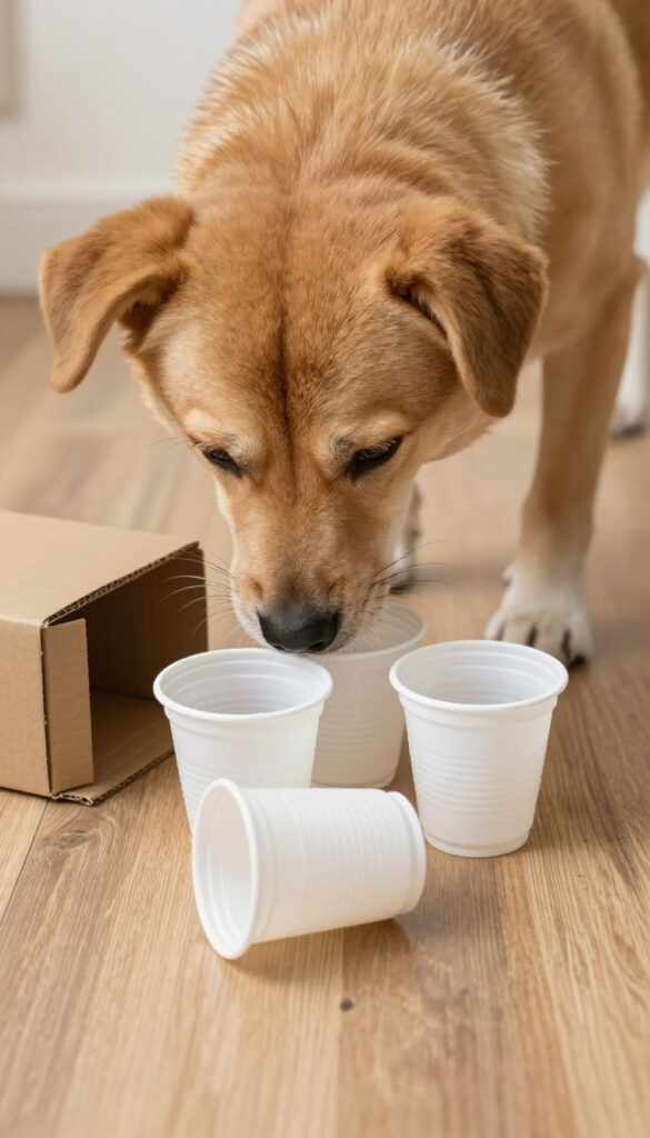 Dog playing shell game with cups and a cardboard box indoors