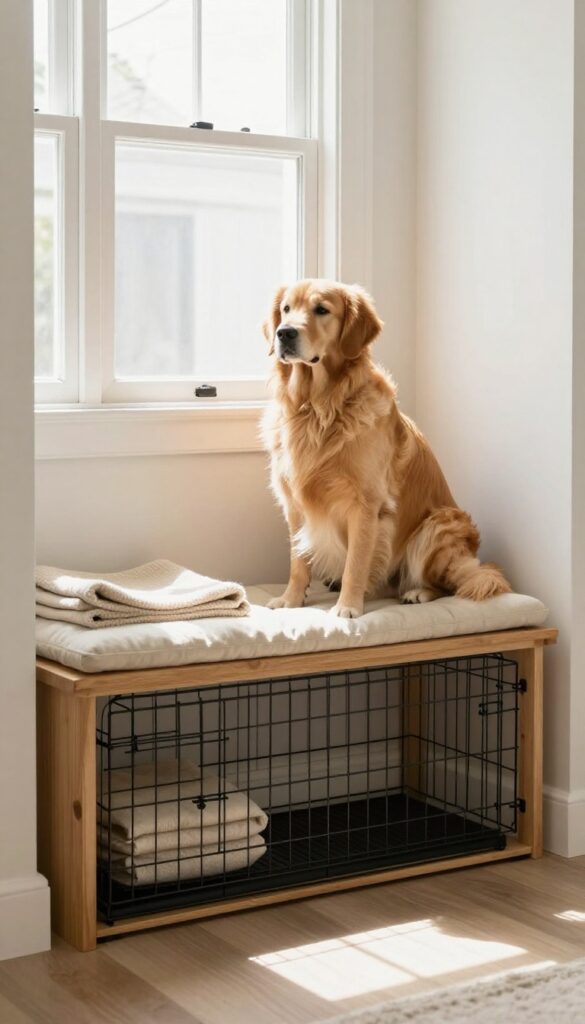 Dog crate built into a wooden bench in a bright entryway, with a golden retriever inside and a cushion on top