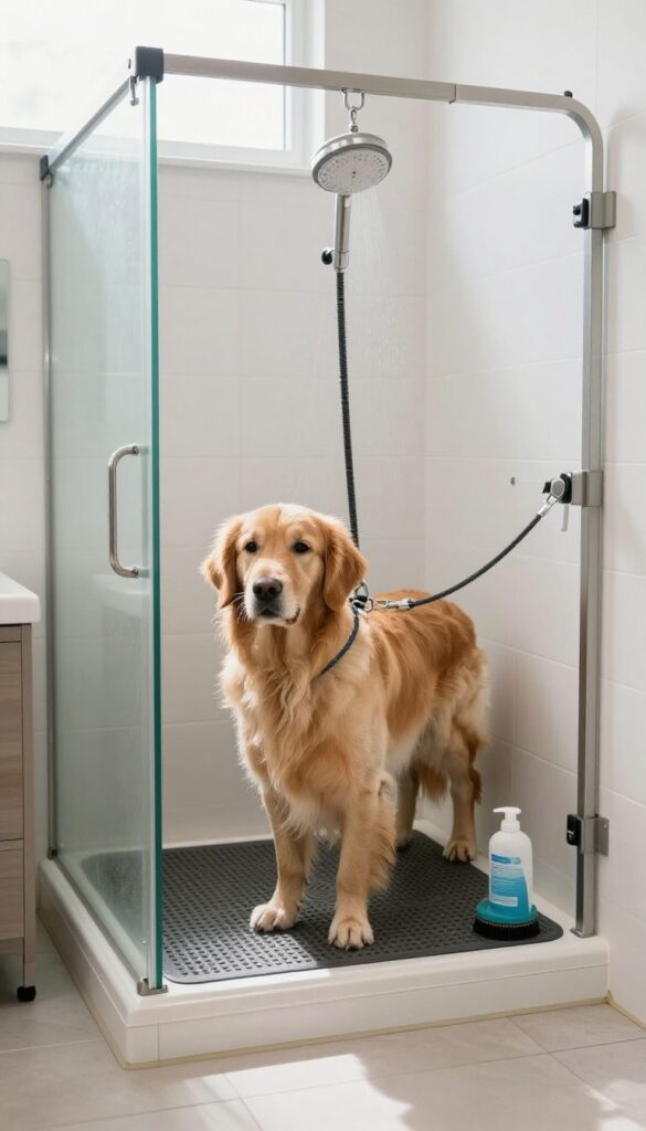 Dog standing calmly in a washing station with a grooming loop attached to its harness, bright natural light, modern bathroom setting.