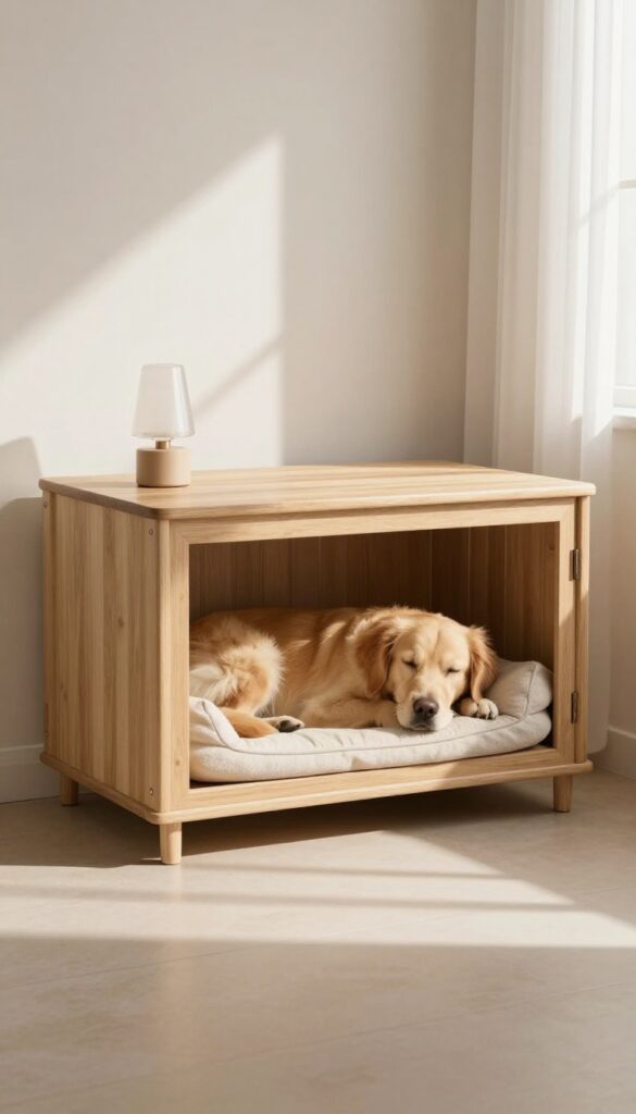 Furniture-style dog crate used as a side table in a cozy living room