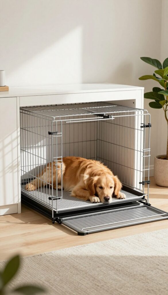 Built-in dog crate with slide-out tray in clean modern living room, dog resting inside