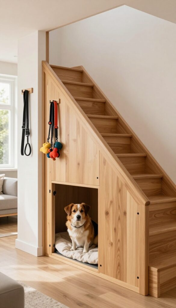 Custom built-in dog crate under stairs with wooden door, cozy interior, and storage above, in a bright modern home.