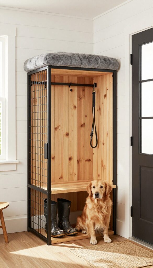A bench-style dog kennel in a mudroom, with a golden retriever peeking out from the open door, boots on the floor, and a leash on the wall.