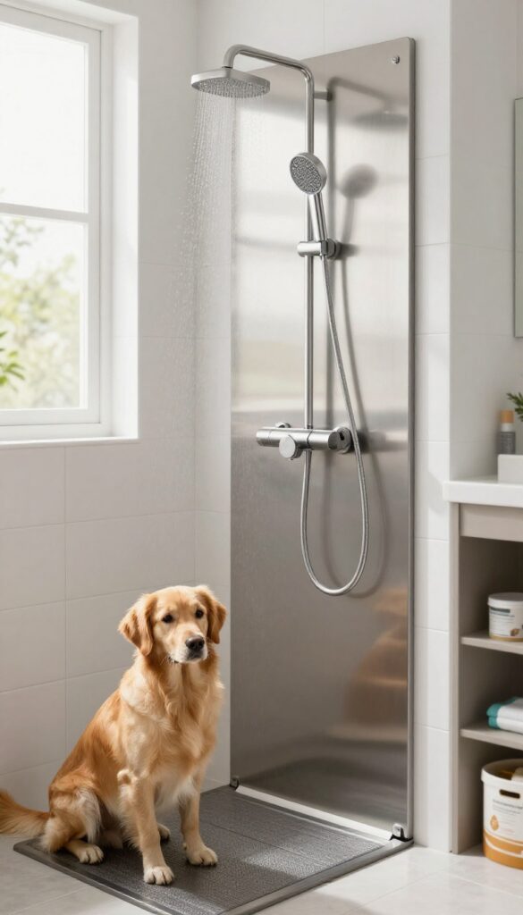 Sleek brushed stainless steel shower panel with thermostatic mixer in a bright modern utility room, with a calm golden retriever under a gentle handheld sprayer