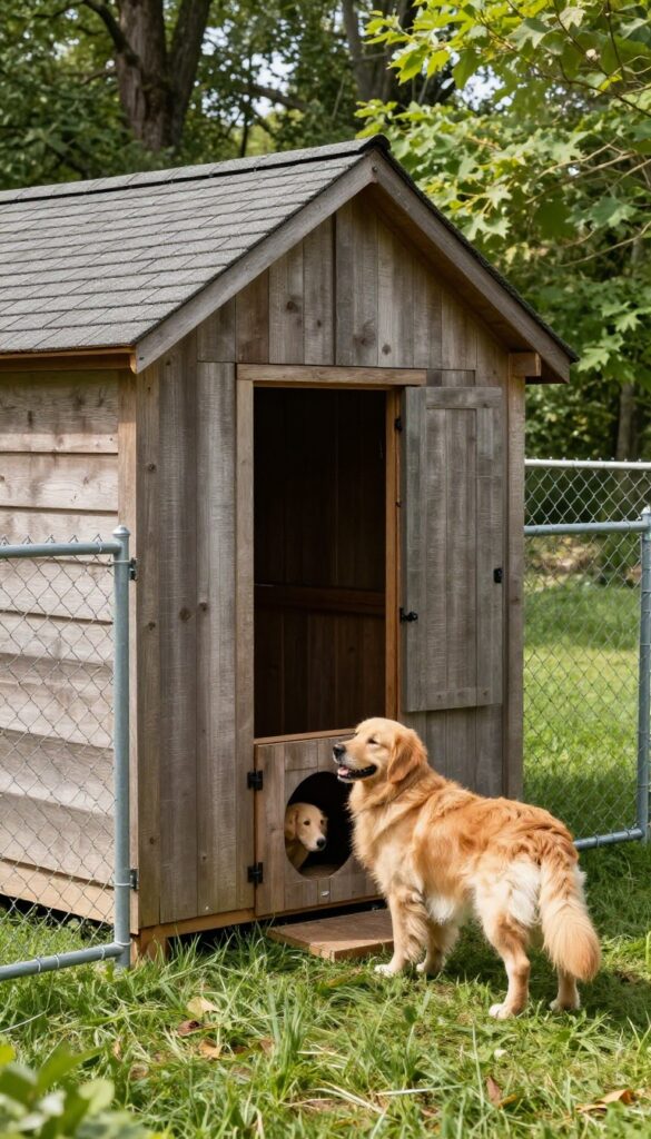 Shed with attached fenced run for a dog in a backyard