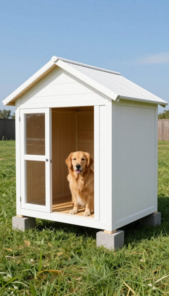 Elevated wooden dog kennel shed with slatted floor, raised on concrete blocks, golden retriever inside, sunny backyard