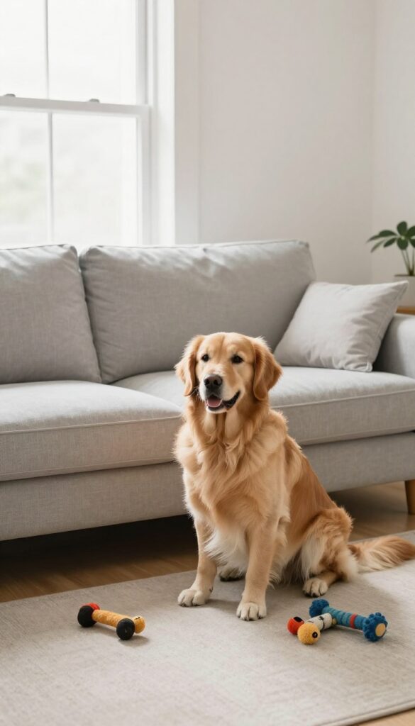 Dog-friendly living room with a washable slipcover on the sofa and a Golden Retriever sitting nearby.